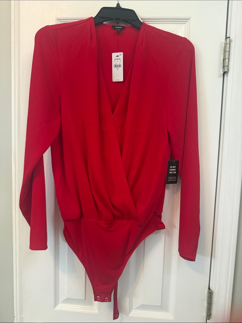 Express Red Wrap-Front Long Sleeve Bodysuit